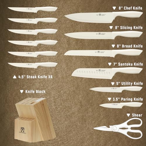 HUNTER.DUAL Knife Set, Dishwasher Safe Kitchen Knife Set with Block, 15 Pcs Cream Kitchen Knife Sets with Block Self Sharpening, 6 Steak Knives (Cream)