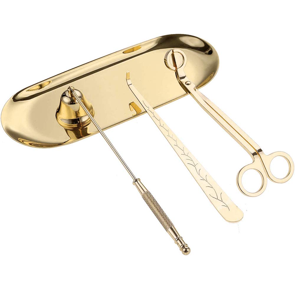 Candle Accessory Set, 4pcs Candle Care Tools Includes Candle Wick Trimmer, Candle Wick Dipper, Candle Wick Snuffer and Storage Tray Plate for Candle Lovers (Gold)