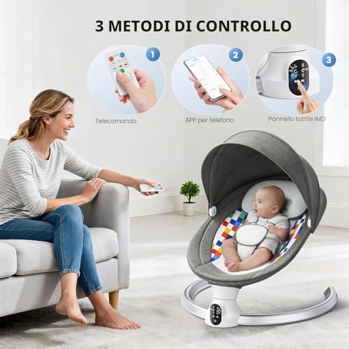 Ixdregan APP Operation Baby Bouncer, 5-Point Harness Improved Electric Baby Swing with 3 Timers, 5 Speed Swing, 10 Musics, Baby Bouncer, Bluetooth Soft Padded 0-9 kg