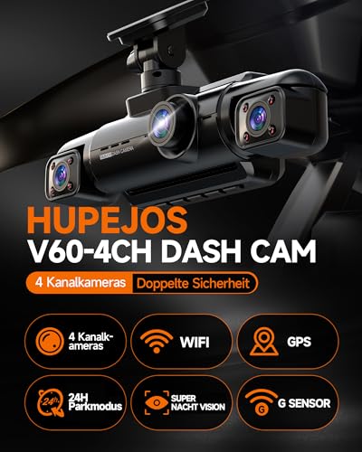 HUPEJOS 360° Dash Cam Car Front Rear 4 Channel Dash Cam Car Camera V60 | Inklusive 64GB SD-Karte, WDR-Nachtsicht (8 IR-LEDs), WiFi GPS,150° Weitwinkel, 3,18" IPS Display, G-Sensor,24/7 Parkmodus
