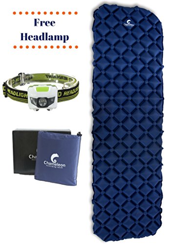 Sleeping Pad by Chameleon: Durable, Ultralight, Comfortable Easy Inflatable Backpacking Mat - Camping Mattress â€“ Compact Lightweight Thick Outdoor Tent Airbed - Travel Hiking Bed Bag â€“ Free Torch