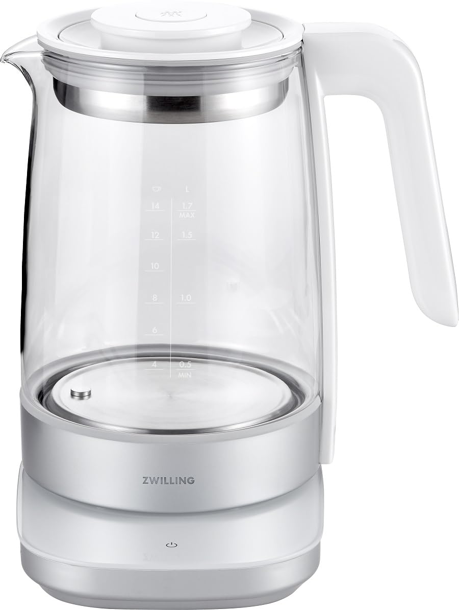 ZWILLING ENFINIGY Wasserkocher aus Glas mit Teesieb & Temperatureinstellung & Teetimer, 185o Watt, 1,7 Liter, Weiß