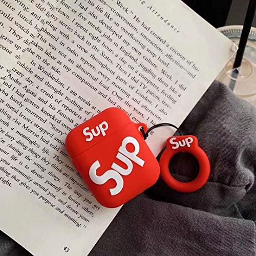 Ibision Airpods Case 3D Hot Air Jordan 23 Champion Sup Soft Silicone Wireless Earphone Charging Cover for Apple AirPods 1/2 with Finger Ring Strap (Sup red)