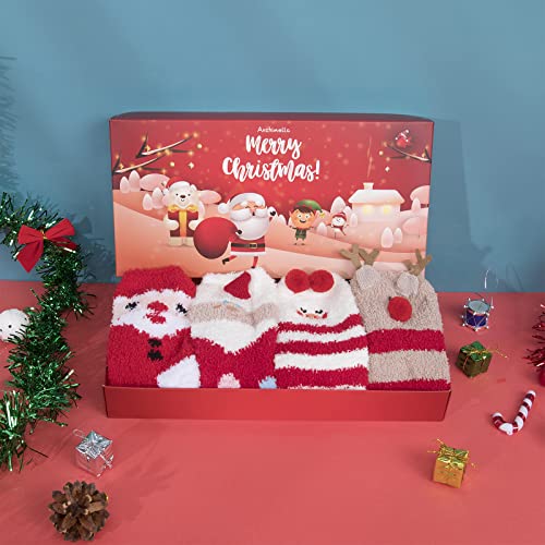 Anchimella Christmas Fuzzy Socks for women 4 pairs Fuzzy Cozy Socks Christmas socks Women Fluffy Plush Crew Slipper Socks