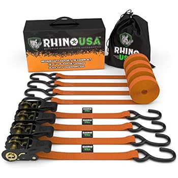 RHINO USA Ratchet Tie Down Straps (4PK) - 1,823lb Guaranteed Max Break Strength, Includes (4) Premium 1
