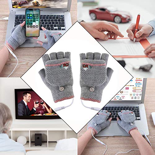 USB Heated Gloves, Mitten Winter Warm Laptop Gloves for Women Men Full & Half Hands Heated Fingerless Heating Knitting Hands Warmer (Women Grey) - Thumbnail 6