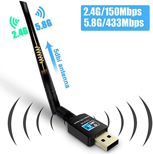 Fenvella Wireless USB Wifi Adapter-USB WiFi Network Dongle 5dbi WiFi Antenna Dual Band (2.4G/150Mbps+5.8G/433Mbps) for TV PC Desktop Laptop Support Windows XP/Vista/7/8/10 Mac OS