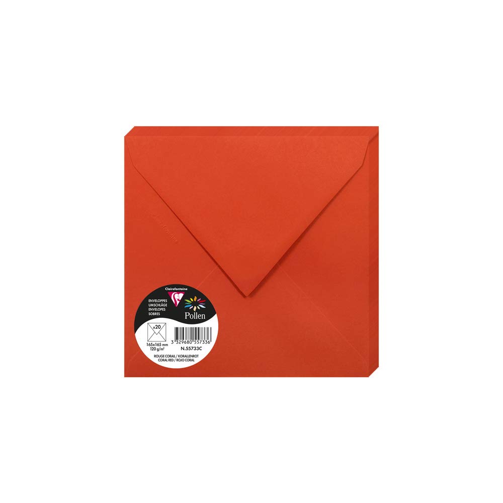 Clairefontaine 55733C Pack of 20 Gummed Envelopes Square Format 16.5x16.5cm 120g/m² Coral Red Invitation Event Correspondence Pollen Range Premium Smooth Paper — image 1
