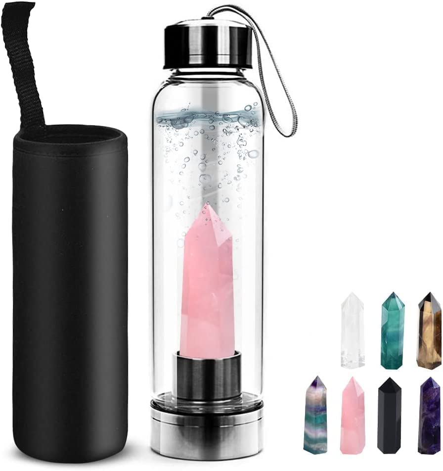 HINATAA Crystal Water Bottle, Removable Natural Gemstone Glass, Portable Leak-Proof Quartz, BPA Free Durable 550ml (Pink Crystal)
