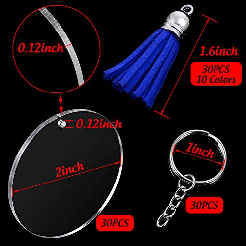 Blank Acrylic, 90PCS Transparent Discs Circle Acrylic Keychain Blanks 2 inch Clear Round Discs with Tassel Pendant Keyring for DIY Project and Craft Favor