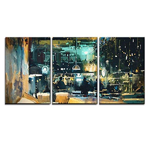 Painting Showing Colorful Interior of Bar and Restaurant at Night Home Art x3 Panels
