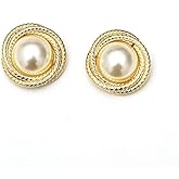 Vintage Gold Pearl Stud Earrings for Women 18K gold plated Classic Round Button Earrings with Twisted Rope Design – Elegant Jewelry for Weddings, Parties & Everyday Wear