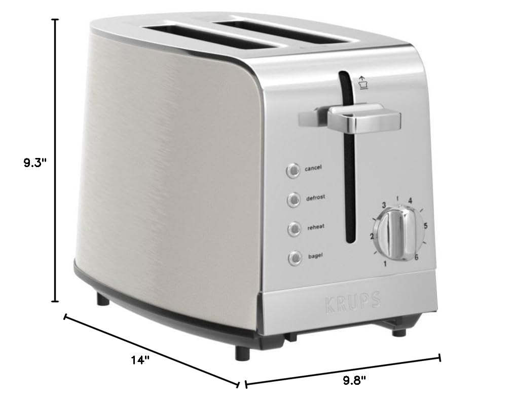 KRUPS: 2 Slice Toaster, Stainless Steel Toaster, 5 Functions with Cancel, Toasting, Defrost, Reheat and Bagel, Cord Storage, Silver
