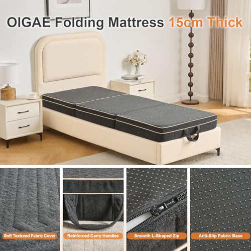 OIGAE Colchón Plegable 75x195x15cm, Colchoneta Plegable de Espuma Viscoelástica en Tres Partes, con Espuma de Tres Capas, para Hogar, Viajes y Acampada, Funda Lavable, Asas, Base Antideslizante, Gris