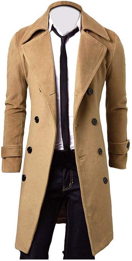 FOANA parka jacket men,Winter Men Slim Stylish Trench Coat Double Breasted Long Jacket Parka (XL, Khaki)