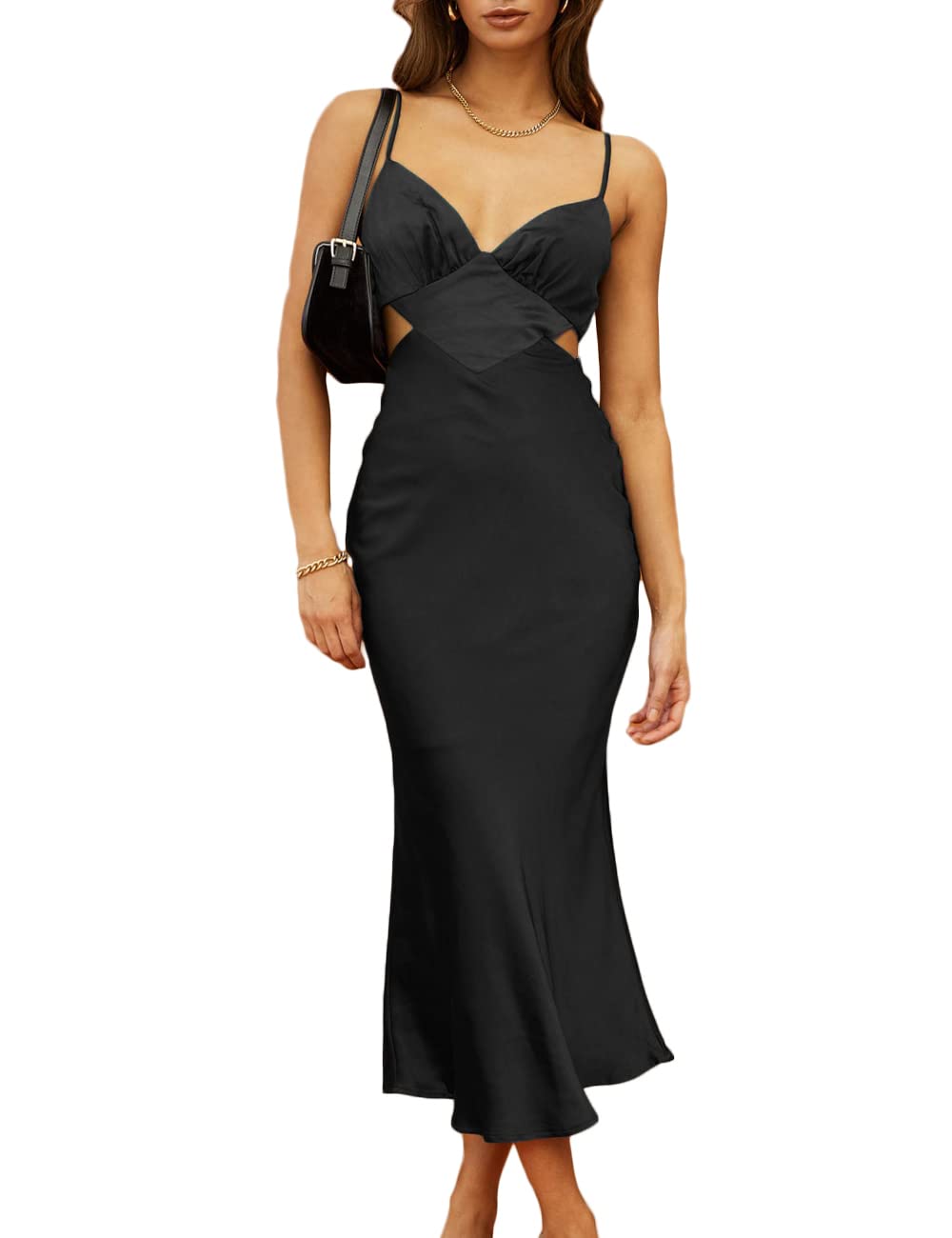 Photo 1 of Women Satin Cutout Slip Backless Maxi Dress V Neck Spaghetti Strap Bust Ruched Back Tie Strap Midi Dress for Wedding Guest Black