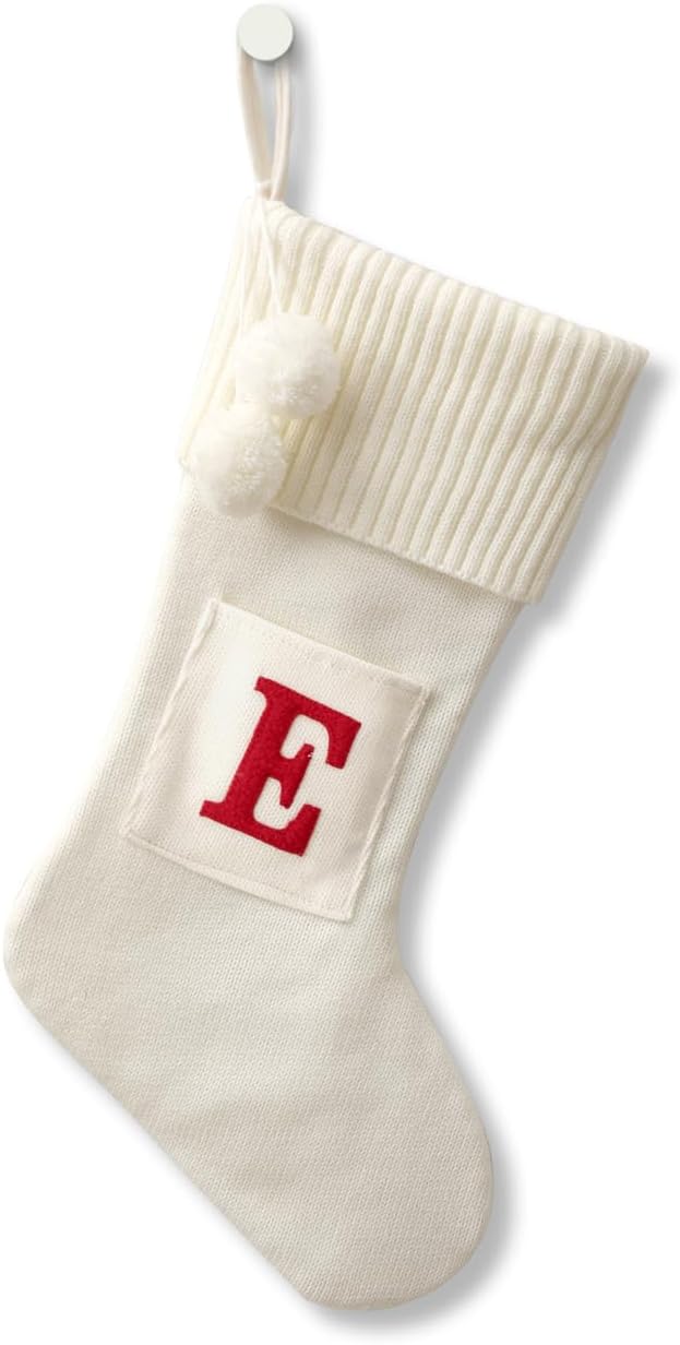Stockings & Holders - CRSMHLPK 20 Inches Initial Christmas Stocking Monogram Christmas Stocking White with red Embroidered Letter Christmas Decorations 02-E-White