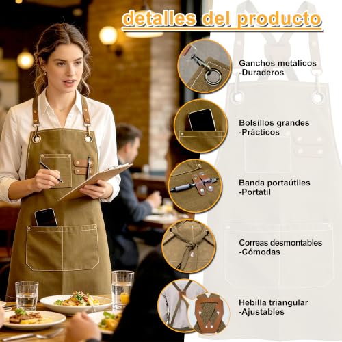 Delantales de cocina 2 piezas para mujer y hombre, mandiles ajustables con tirantes cruzados, 3 bolsillos, resistentes a salpicaduras, ideales para cocinar, barbacoa, hornear y jardinería, Café