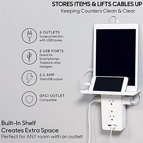 Outlet Shelf, 6 Electrical Outlet Extenders, Socket Shelf with 2 USB Ports, Switch Socket Rack with LED Indicator 8 Port Surge Protector - Thumbnail 2