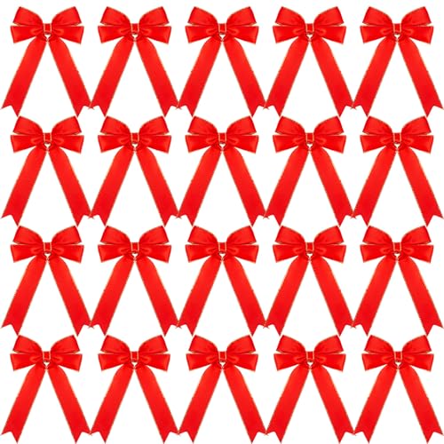 MCPINKY 20PCS Christmas Red Ribbon Bows, Red Satin Bows for Crafts Pre-Made Bows Gift Bows for Christmas Tree Wreath Treat Bags Wine Bottle Hair Band