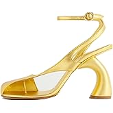 Vertundy Women's Flip Flop Heels High Heeled Sandals Leather Chunky Square Toe Adjustable Ankle Strap Buckle Dress Fashion Thong Gold Sandals