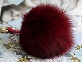 AURORA168 Red Burgundy Big Fluffly Real Fox Fur Pom Pom Doll Ball Keyring / Bag Charm Gold Ring