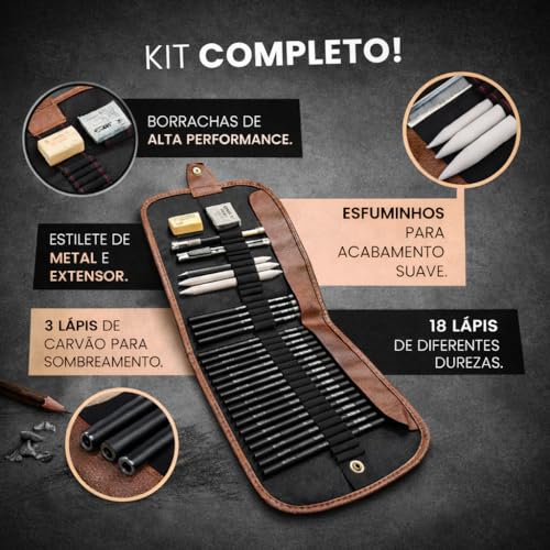 Kit Lápis de Desenho Profissional 29 Peças com Estojo Portátil, Lápis Artísticos, Borrachas, Estilete e Acessórios para Artistas e Estudantes Linha Super Premium 2H B HB 2B 3B 4B 5B 6B 7B 8B