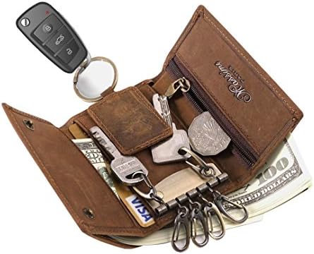 Key Holder Wallet，Retro Three-Fold Handmade Slim Leather Pouch Key Case Bag with 6 Hooks &amp; 1 Car Key Hook for Men/Women
