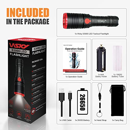 Wsky Rechargeable Flashlight, S3000 High Lumens LED Tactical Flashlight, (7500mAh 26650 Rechargeable Battery included) Multi-modes, Zoomable, Water Resistant, Perfect For Biking Hiking Emergency