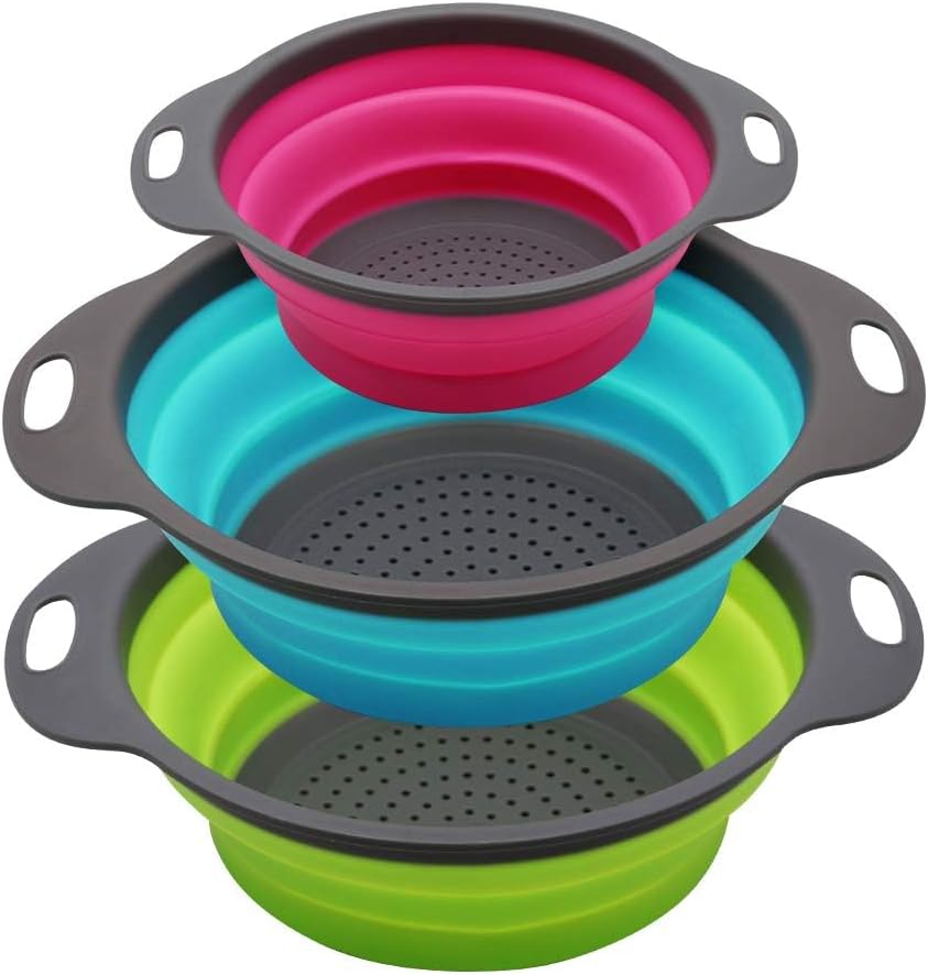 SKERITO Set of 3 Collapsible Colanders 4 Qt 2 Qt Green Blue Purple