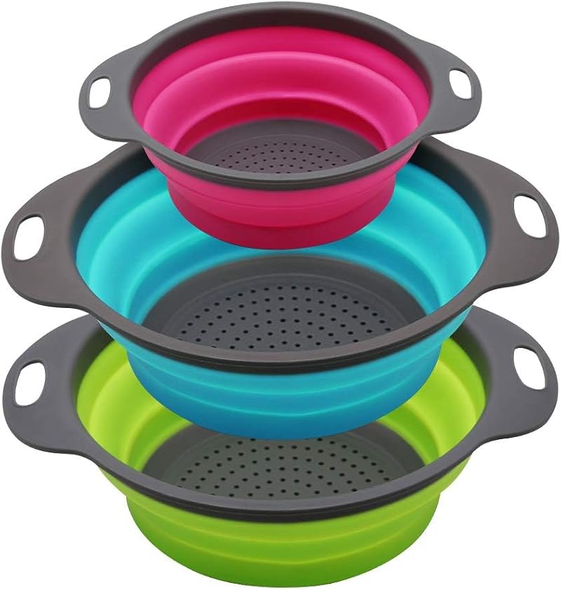 SKERITO Set of 3 Collapsible Colanders 4 Qt 2 Qt Green Blue Purple