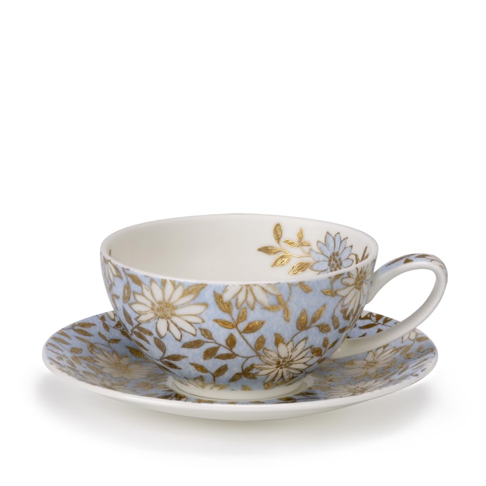 Dunoon Aqua Teacup and Saucer with Gold Detailing