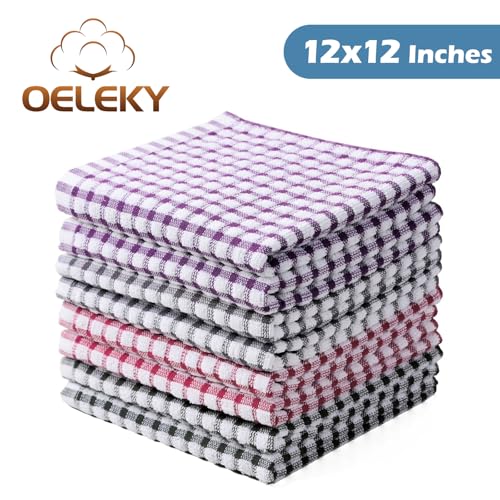 Oeleky 100% Cotton Kitchen Dish Cloths for Washing Dishes, 12x12 Inches Dish Rags, Absorbent Kitchen Cloths Pack of 8, Quick Drying Cleaning Cloths (Mix-3, 12"x12")