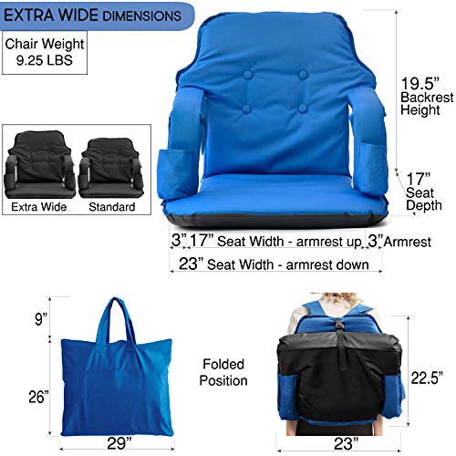 Extra Large Bleacher Seats Foldable - New & Improved 2019 Patent Pending Deluxe Model + Free Carry Bag- Water Resistant + Thick Padding +2 Drink Holders +Zipped Pocket (Blue, X-Large)