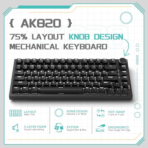 YINDIAO Ajazz AK820 Mechanical Keyboard with CNC Knob Control,75% ANSI Layout,81Keys Gasket Mount Wired Gaming Keyboard,5 Sound Absorbing Foam,Hot-swap Red Switch,White Backlit,for PC,MAC (Black)