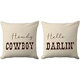CarOptics Howdy Cowboy & Hello Darlin’ Lumbar Pillow Covers 18x18 Inch – Set of 2 Western Couple Throw Pillowcases for Rustic Farmhouse Decor, Country Gifts for Couch or Sofa (Beige)
