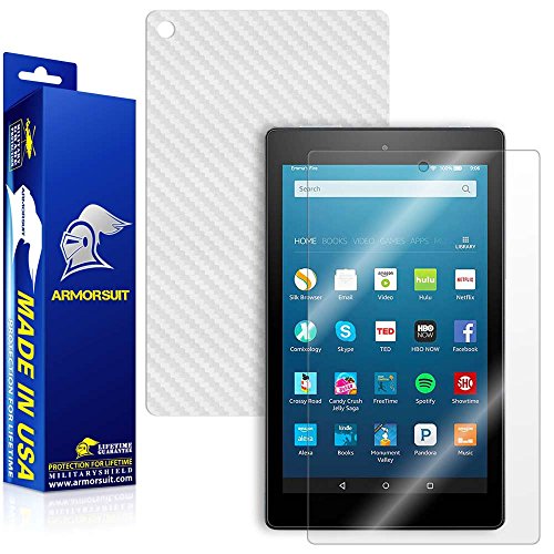ArmorSuit MilitaryShield - Fire HD 8 Screen Protector (6th Gen - 2016 Release) + White Carbon Fiber Skin Back Protector w/ Lifetime Replacements - Front Anti-Bubble Ultra HD Shield