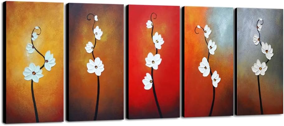 Paintings - Wieco Art Large Modern Colorful Flowers Artwork 5 Piece 100% Hand Painted Framed Contemporary Abstract Floral Oil Painting on Canvas Wall Art Ready to Hang for Living Room Bedroom Home Decorations