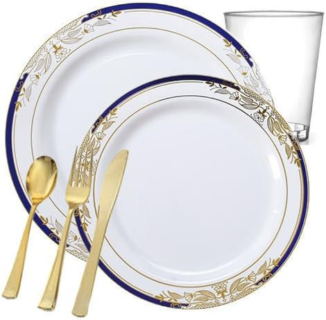 Posh Party Supplies | White Disposable Plastic Dinnerware Package with a Blue & Gold Rim for 20 Guests | Includes Dinner & Dessert Plates, Plastic Tumblers & Cutlery | 120 Piece Total
