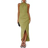 Fisoew Womens Halter Neck Party Dress Sleeveless Slit Textured Backless Sim Fit Ruched Sexy Midi Cocktail Dresses