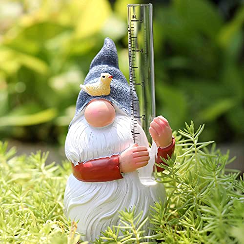 WXCTEAM Rain Gauges Gnome Garden Statue Decoration with Two Glass Rain Gauge Replacement Tube, Hand Painted Resin Gnome Sculpture Water Gauge for Yard Fence Patio Lawn Deck