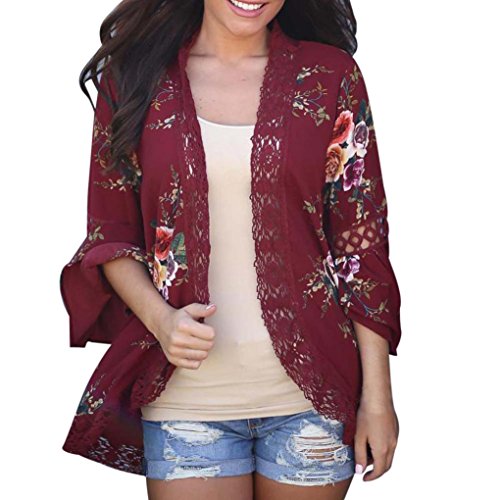 Matoen® Women Lace Floral Open Cape Casual Coat Loose Chiffon Blouse Kimono Jacket Cardigan (Wine Red, L) - Thumbnail 6