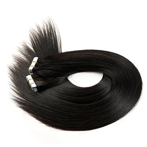 Tape In Human Hair Extensions 16 Inch 20pcs 40g/pack Slilky Straight Seamless Skin Weft Remy Hair 1b# Off Black Color - Thumbnail 3