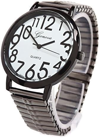 Gun Black Large Face Busy Numbers Geneva Fancy Stretch Band Watch