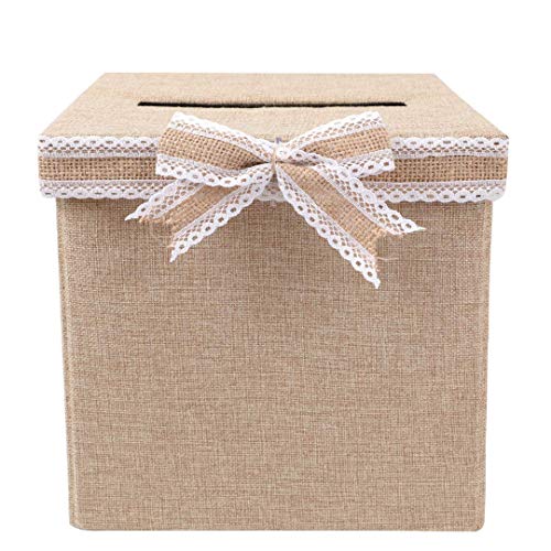 FLUYTCO Rustic Wedding Card Envelope Box - Thick Linen Fabric & Removable Ribbon Bow - Collapsible - Perfect for Weddings, Baby Showers, Birthdays, Graduations - Large Size, 100+ Cards - Thumbnail 2