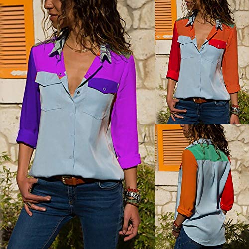 image for GOVOW Autumn Womens Casual Long Sleeve color block striped tunic tee B