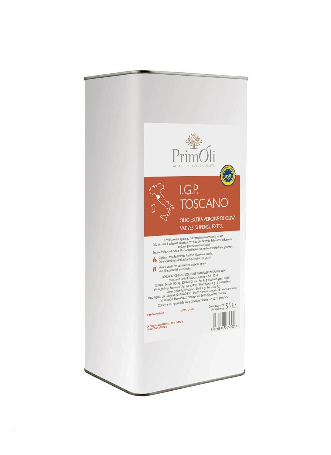 PrimOli Kaltgepresstes Olivenöl I.G.P. TOSCANO von Früchten der TOSCANA, intensiv fruchtig, zu rustikalen Suppen, Carpaccio mit Rucola, Bruschetta oder Wild, 5000ml 2