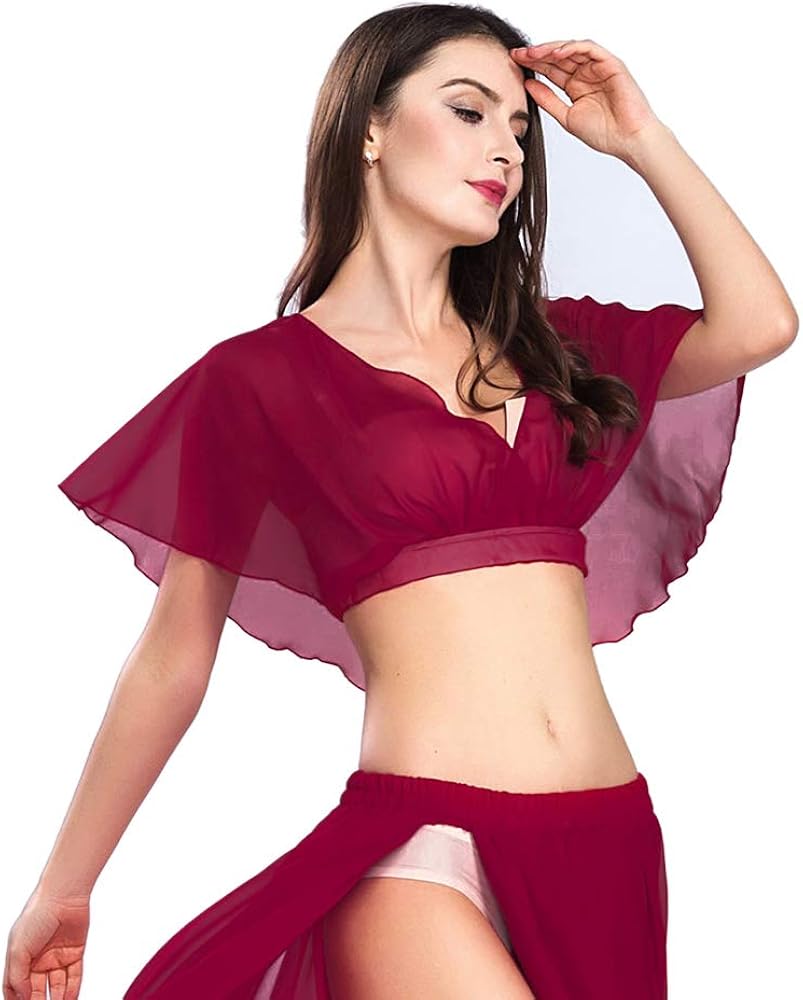 ROYAL SMEELA Belly Dance Top Sexy Dance Chiffon Top Belly Dancing Costume Women Dancer Practice Performance Candy Color Crop Tops Women Belly Dancing Clothes V-Neck Practice Top - Image 4