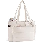 Puffer Tote Bag for Women, Quilted Bow Tote Bag with Cup Holder & 15.6 In Laptop Compartment for Work, Travel, Gym, College