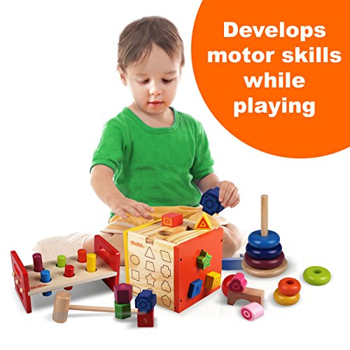 image for WALIKI TOYS Pounding Bench with Hammer, Wood Shape Sorting Box, Rainbo